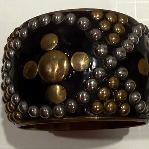 Brass Silver-Tone Black Wide Studded Bangle Bracelet Housewives Cynthia Cuff